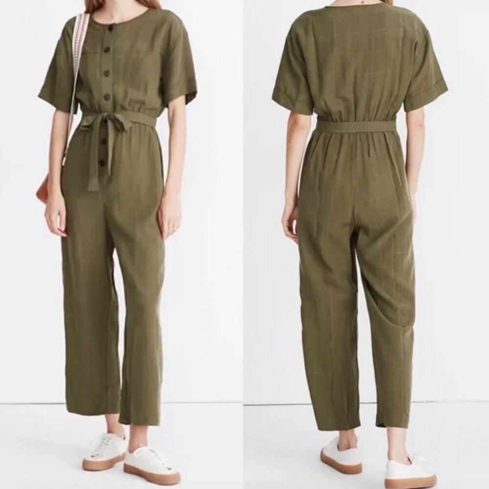 MADEWELL Short-Sleeve Belted Jumpsuit Button Front Olive Green {B5}